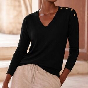 Garnet Hill Black Elise Button Detail Cashmere Sweater